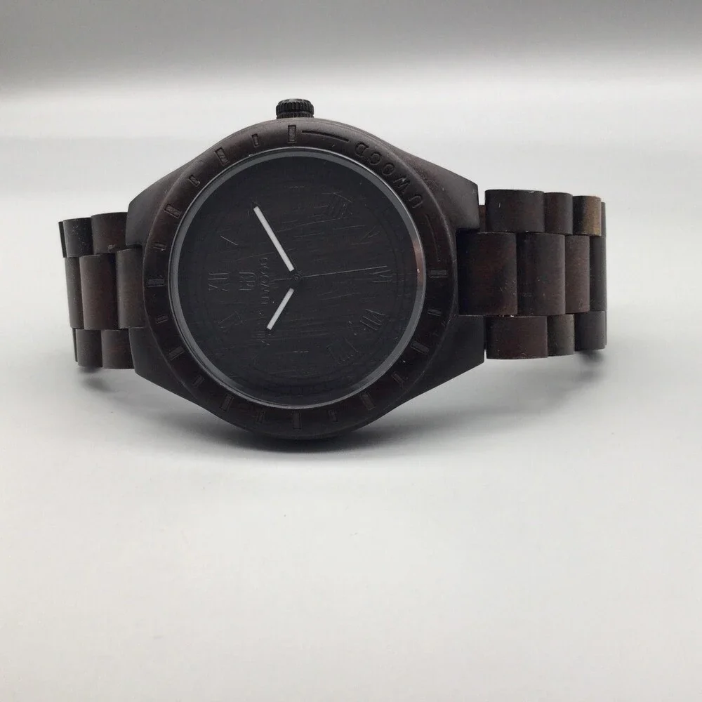 UWOOD Mens Watch 49mm Dark Brown Wooden Dial Wood Bracelet New Battery 8